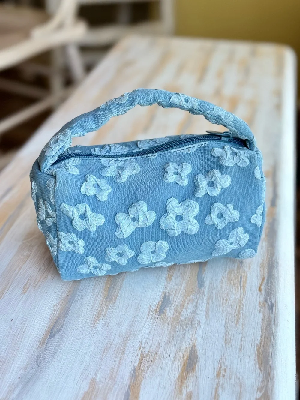 Blue Floral Embroidered Cosmetic Bag